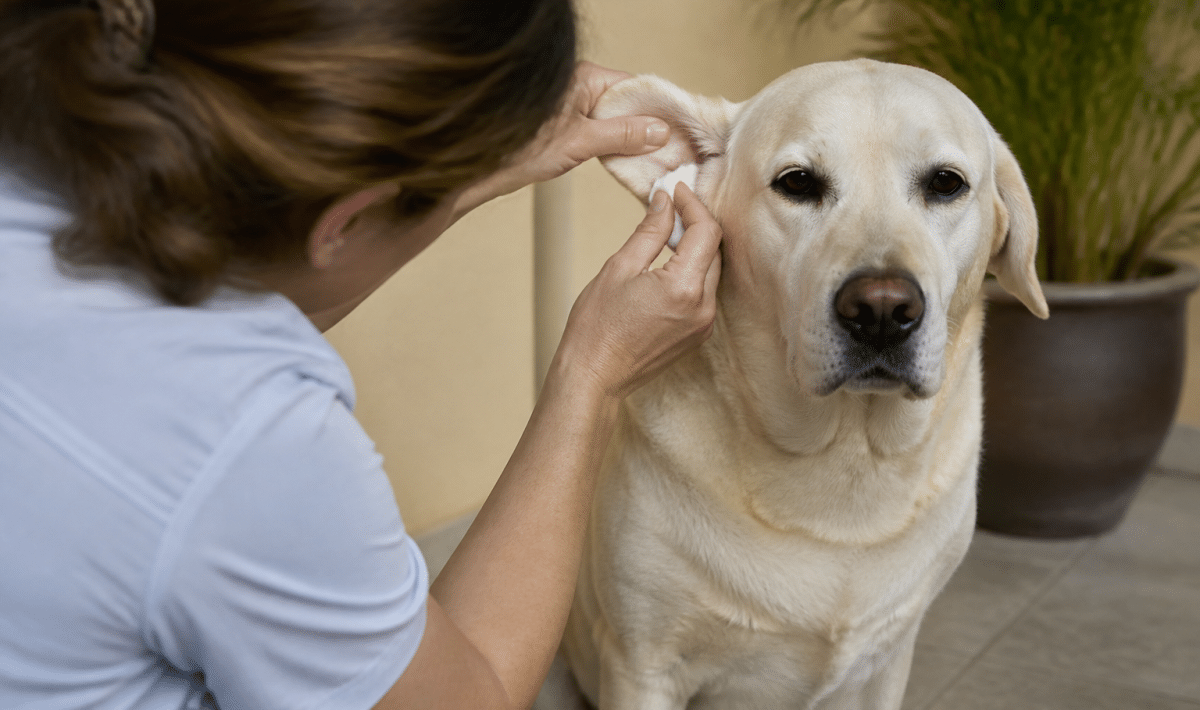 Main veterinaire nettoie delicatement oreille chien assis