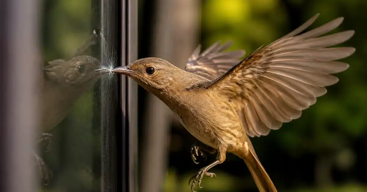 Petit oiseau brun frappant vitre transparente avec son bec