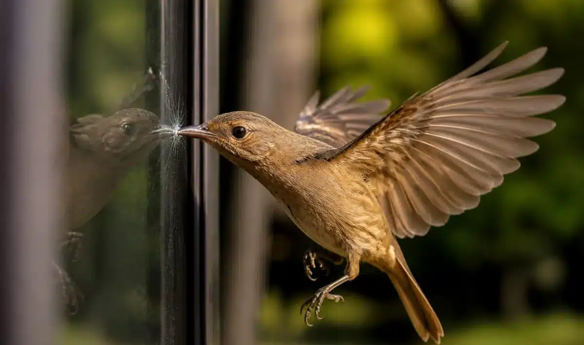 Petit oiseau brun frappant vitre transparente avec son bec