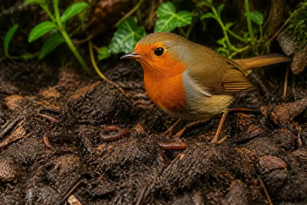Petit oiseau roux posé sur terre humide avec vers visibles