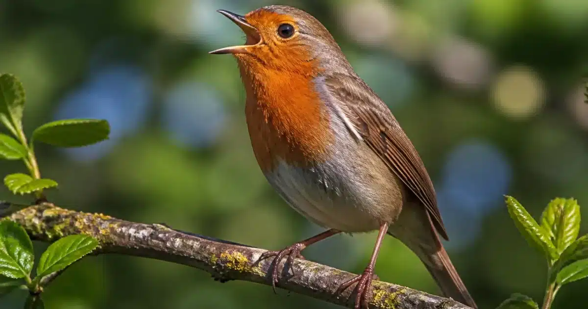 Petit oiseau roux perche sur branche chantant bec ouvert