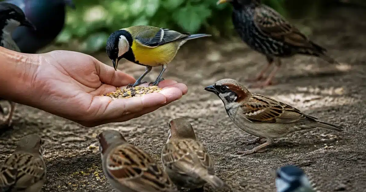Main versant des graines a des oiseaux perches au sol