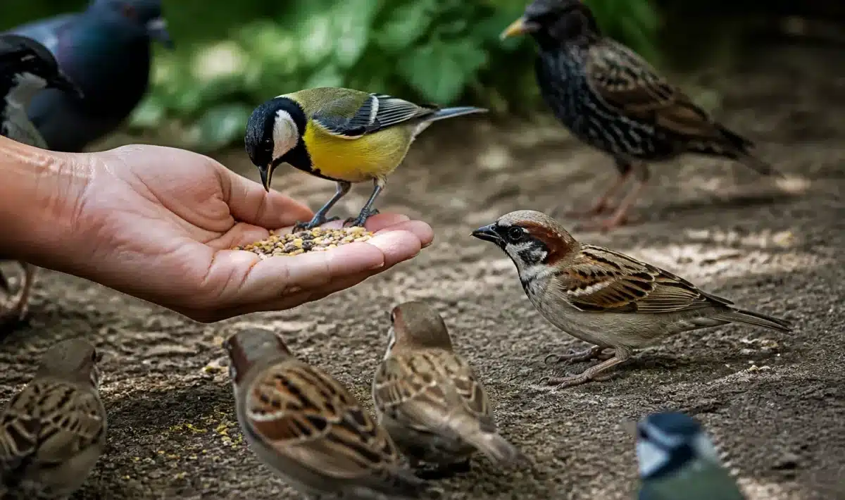 Main versant des graines a des oiseaux perches au sol