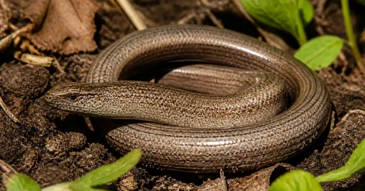 Lezard sans pattes enroule sur sol terreux du jardin
