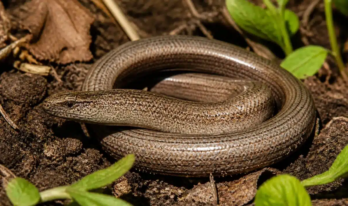 Lezard sans pattes enroule sur sol terreux du jardin