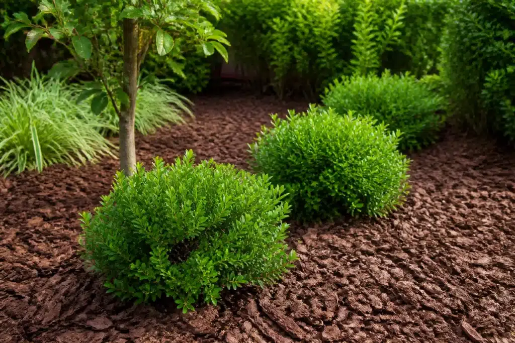 Couche de paillis brun uniforme autour des plantes vertes