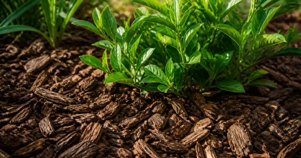 Couche de paillis épaisse recouvrant le sol autour de plantes vertes