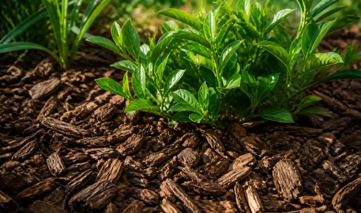 Couche de paillis épaisse recouvrant le sol autour de plantes vertes