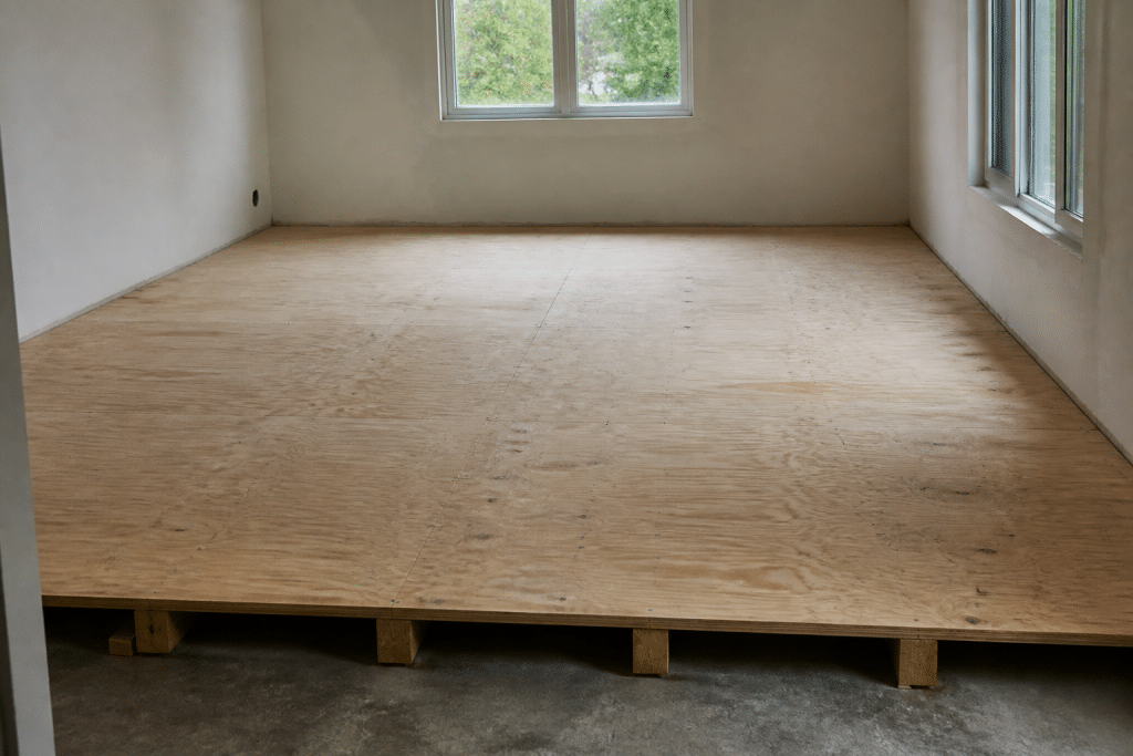 Plancher surélevé en contreplaqué sur tasseaux bois