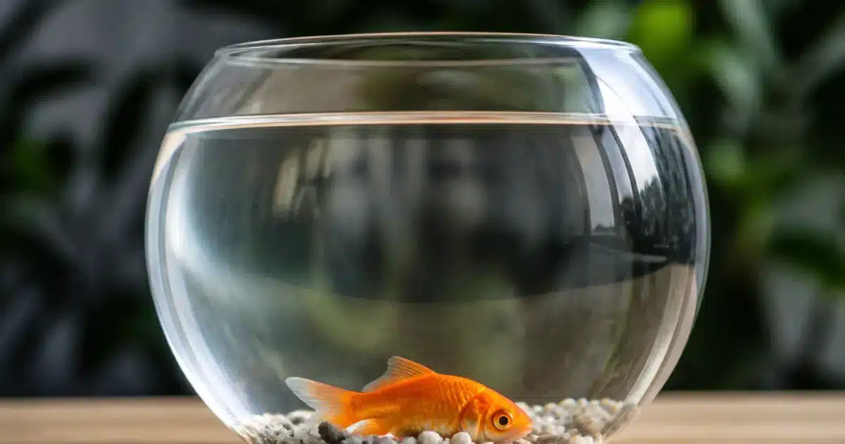 Bocal rond transparent contenant poisson rouge immobile au fond