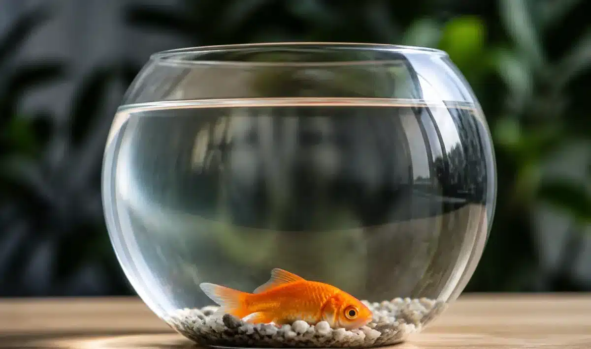 Bocal rond transparent contenant poisson rouge immobile au fond
