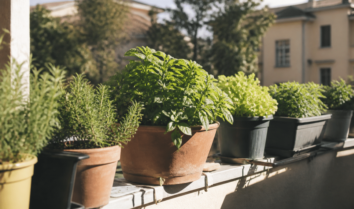 Pots de legumes alignes sur garde-fou de balcon ensoleille