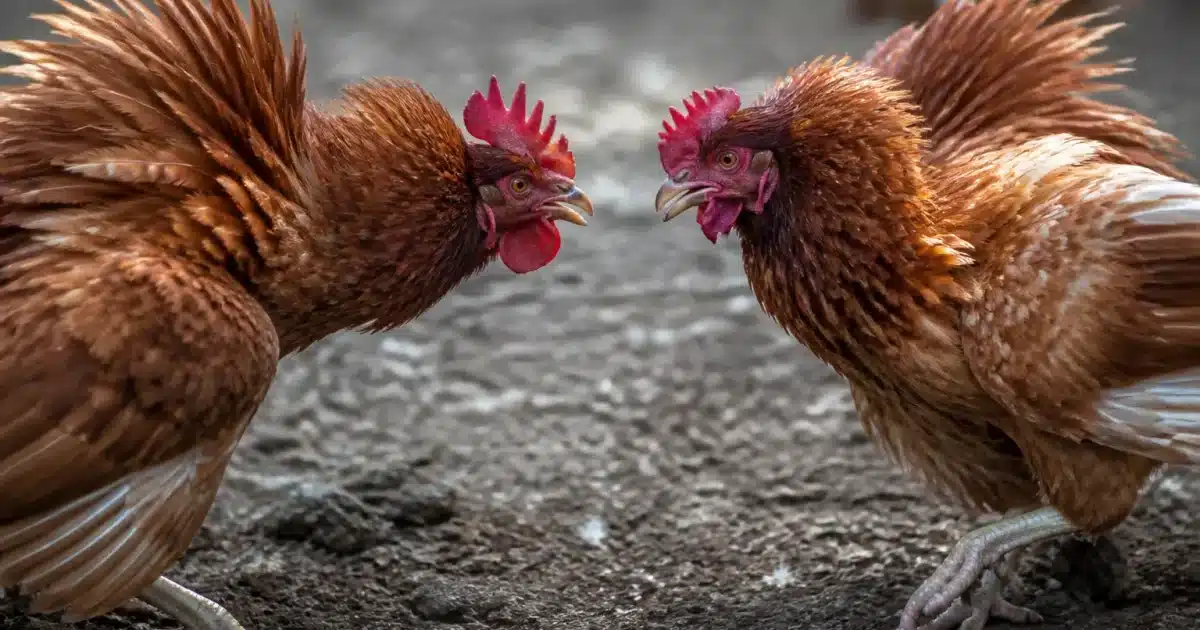 Deux poules se font face, plumes hérissées, agressives.