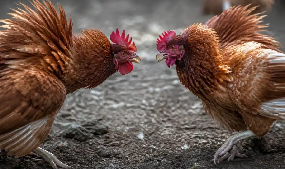 Deux poules se font face, plumes hérissées, agressives.