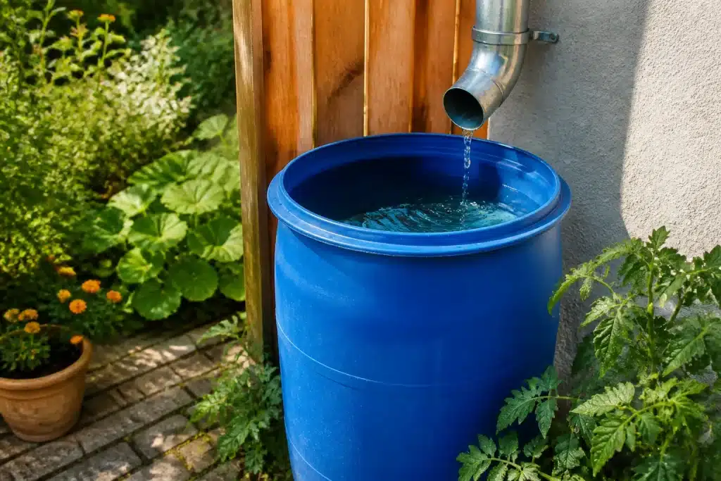 Tonneau bleu rempli sous gouttière pour arroser plantes
