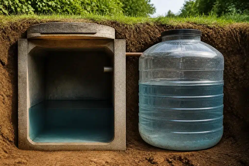 Reservoir souterrain en beton compare reservoir plastique transparent