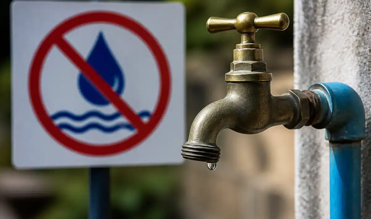 Robinet ferme avec panneau d'alerte eau restrict affiche
