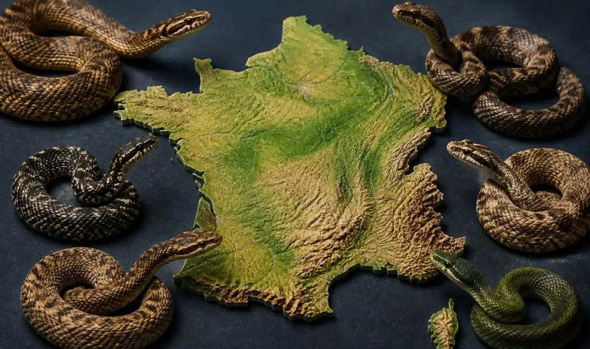 Carte regions France affichant differentes especes serpents venimeux