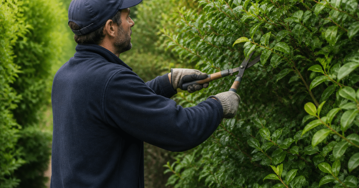 Jardinier tenant secateurs coupe branches vertes haie densement