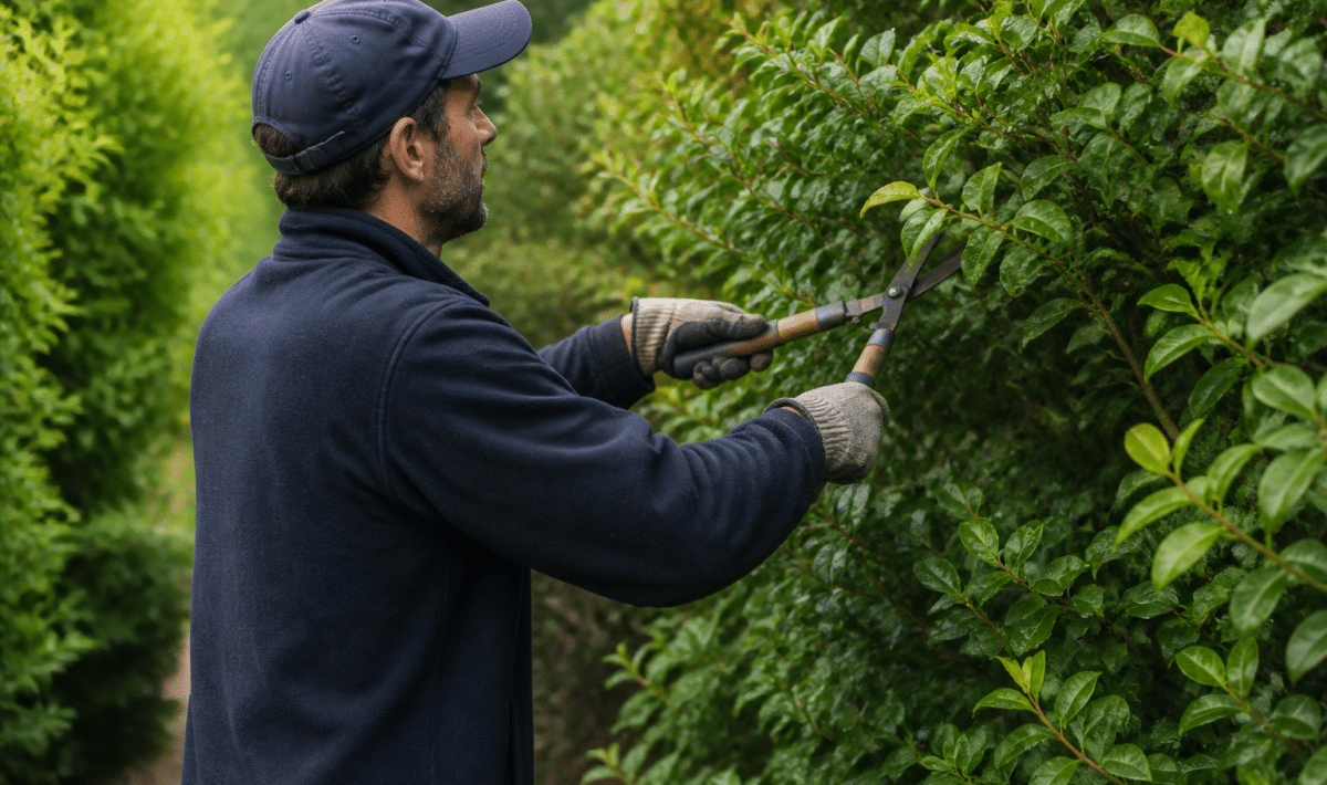 Jardinier tenant secateurs coupe branches vertes haie densement