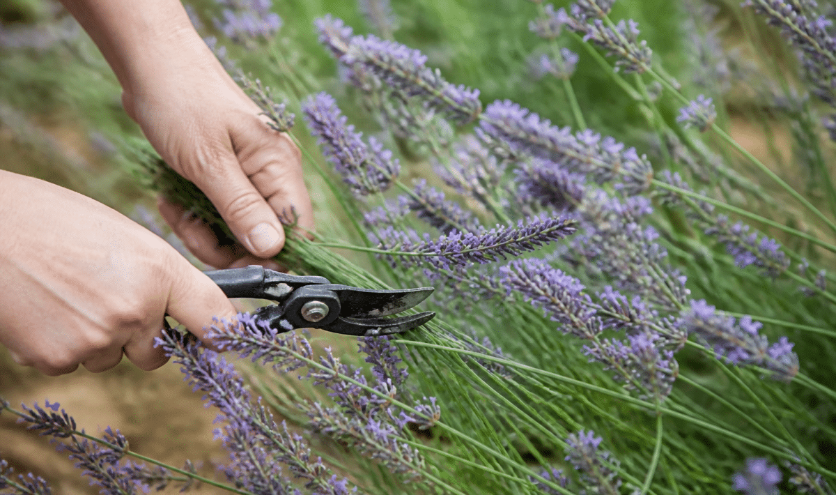 Cisailles coupant tiges violettes lavande en pleine floraison