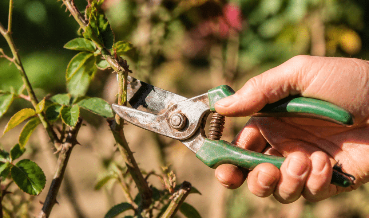 Secateurs tranchant branches rosier dans jardin ensoleille