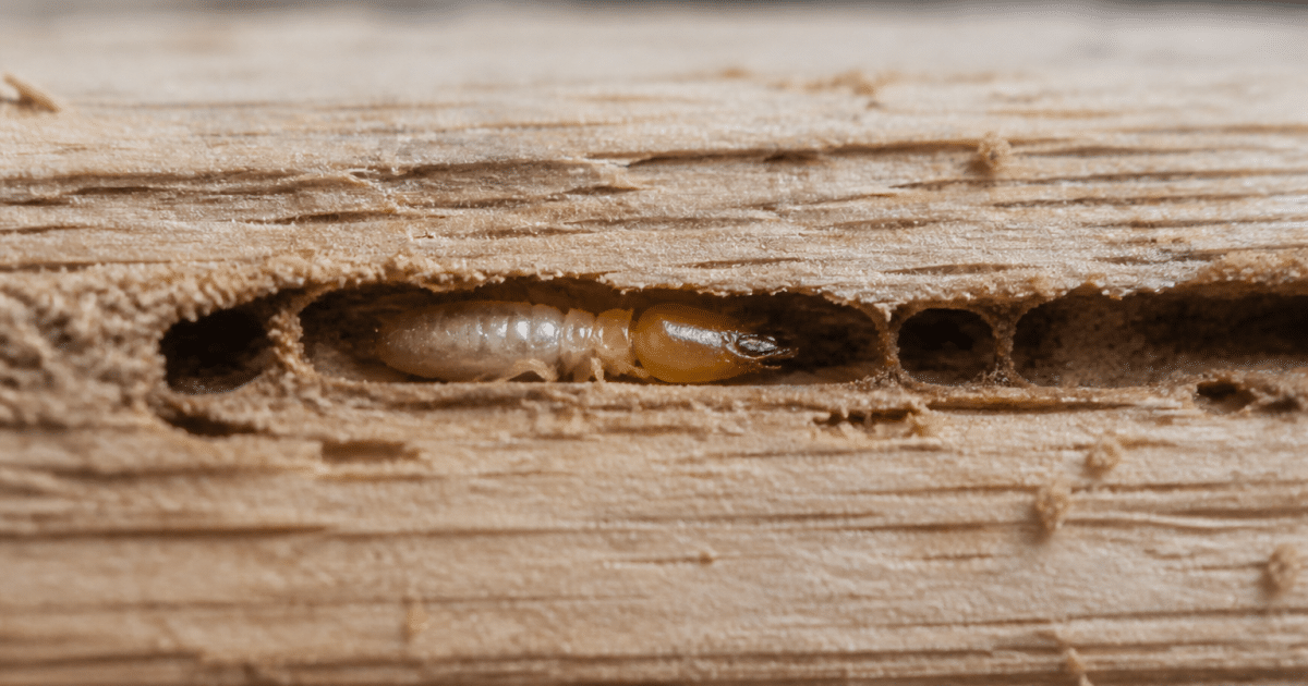 Termite rongeant galerie dans bois clair horizontalement