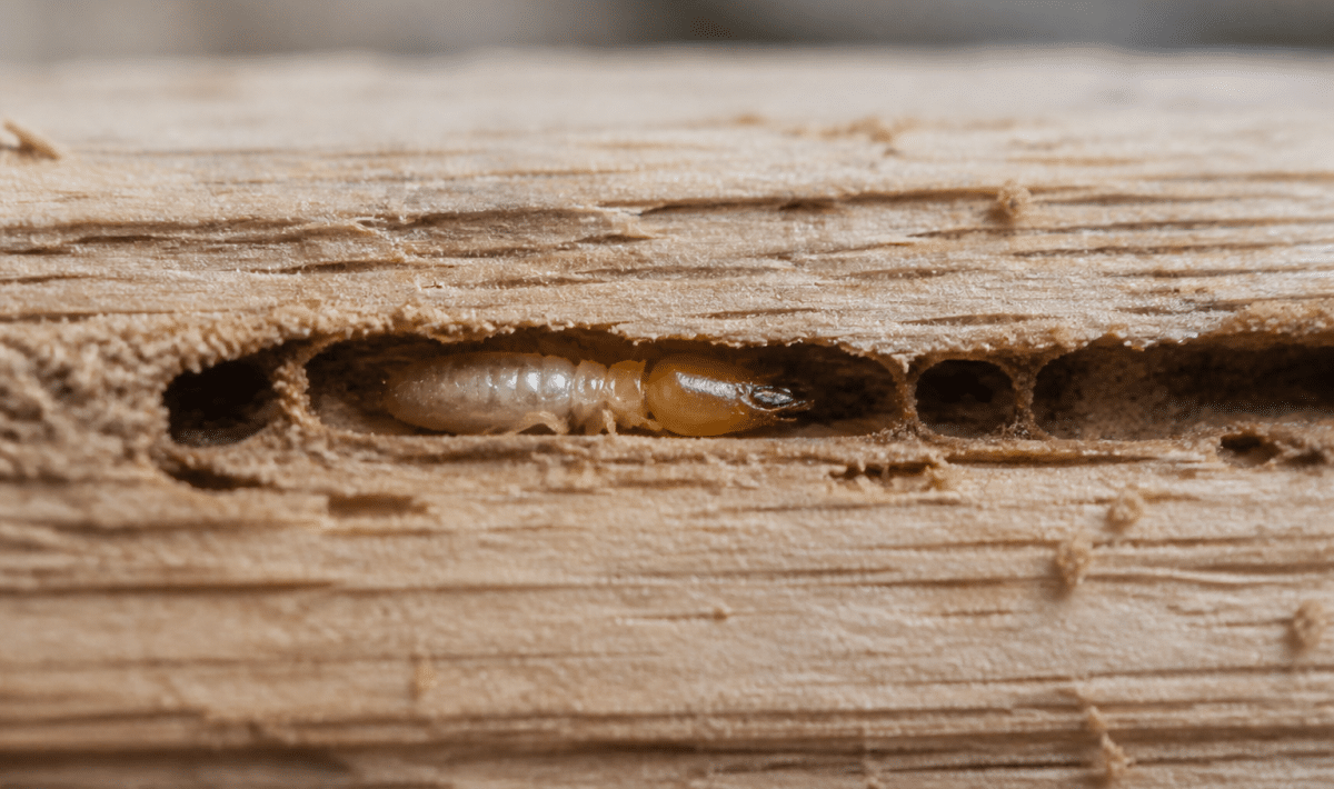 Termite rongeant galerie dans bois clair horizontalement