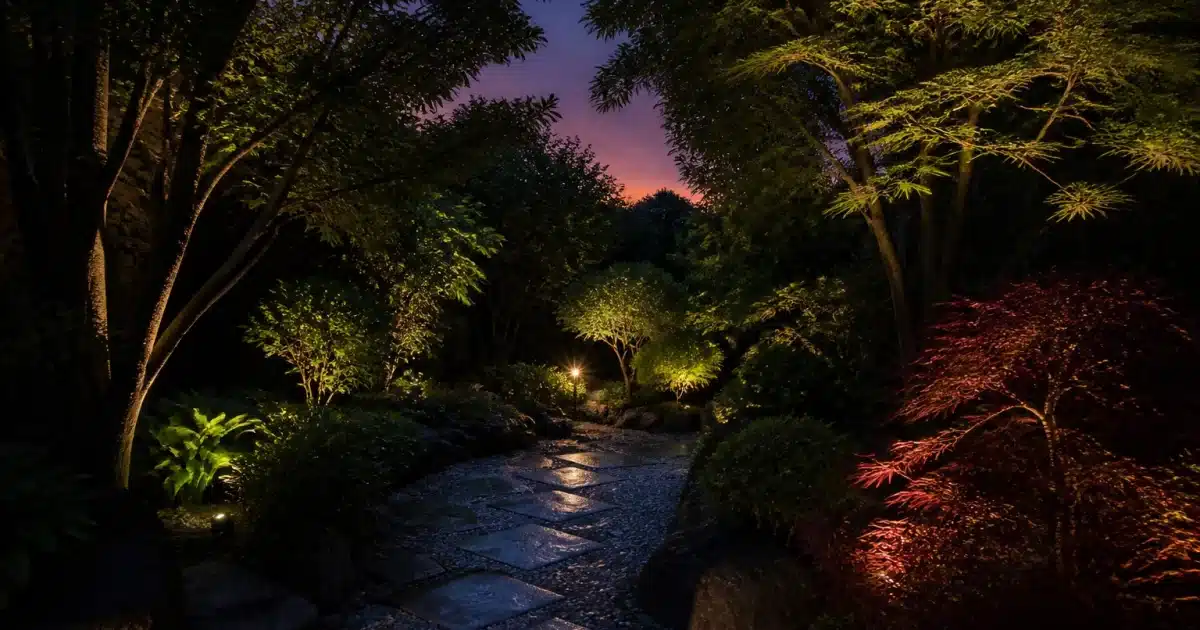 Jardin sombre au crépuscule sans insectes luminescents visibles au sol