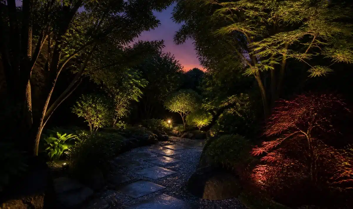 Jardin sombre au crépuscule sans insectes luminescents visibles au sol