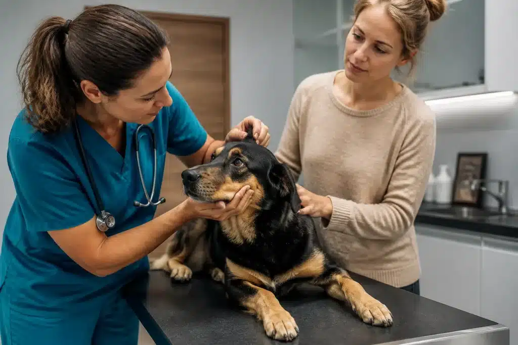 Vétérinaire examinant chien lors visite contrôle adoption