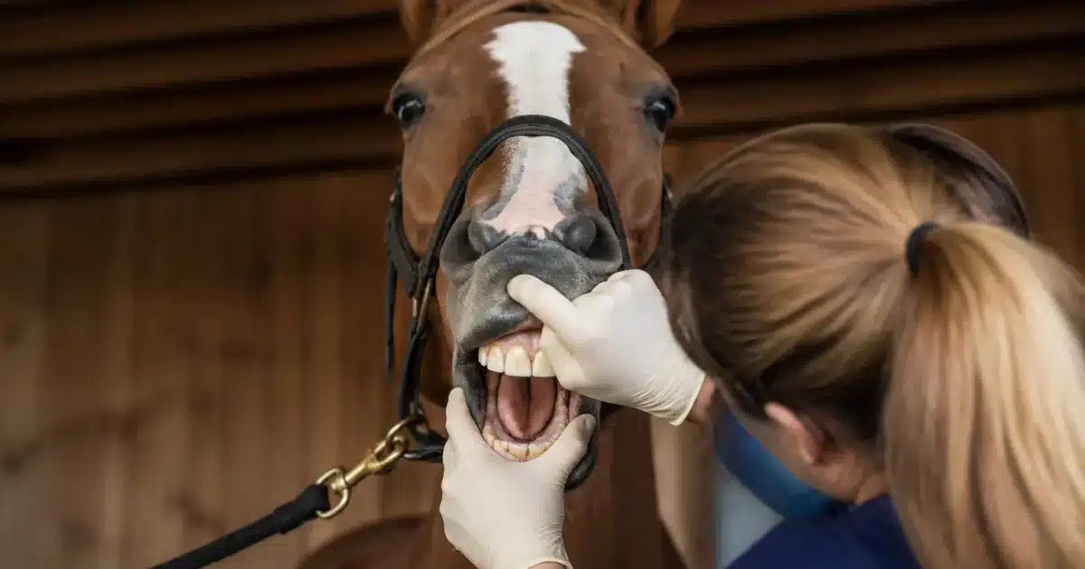 Veterinaire examine les dents ouvertes d'un cheval de face