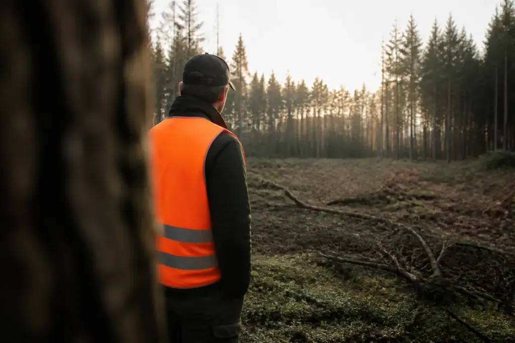 Agents en gilet orange observant une clairière forestière