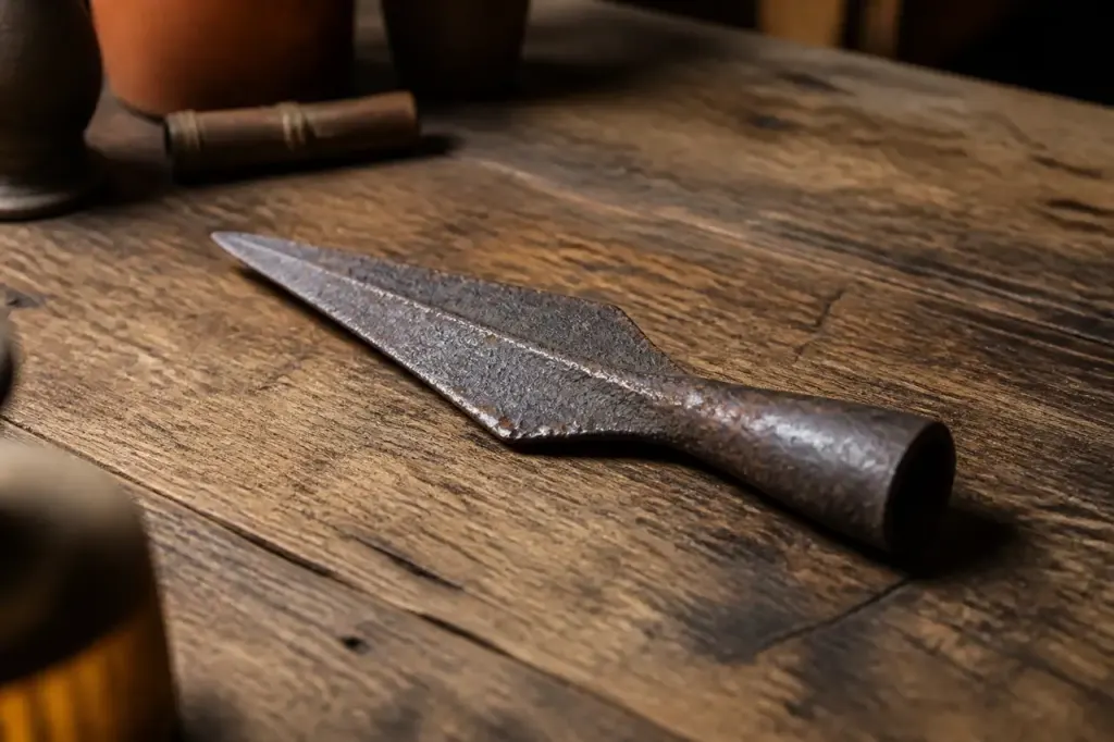 Ancienne fleche en fer posee sur table de bois