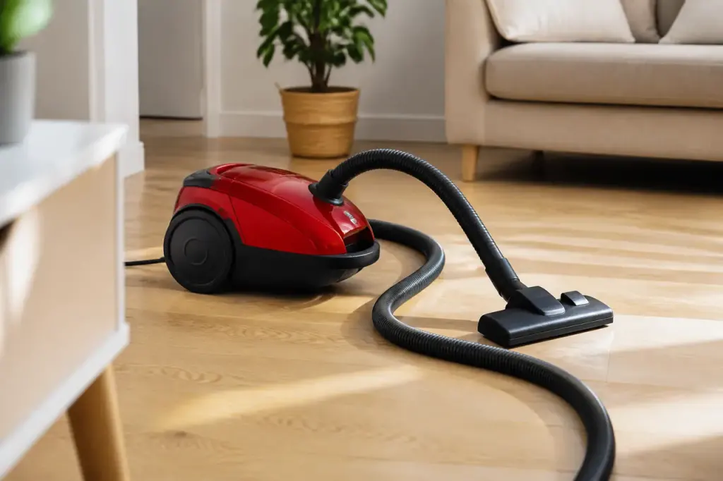 Aspirateur rouge pose sur un parquet clair, tuyau deplie