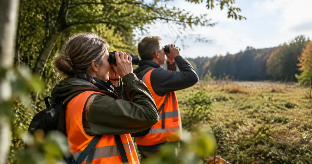 Benevoles en gilets orange jumelles levees lisiere de foret
