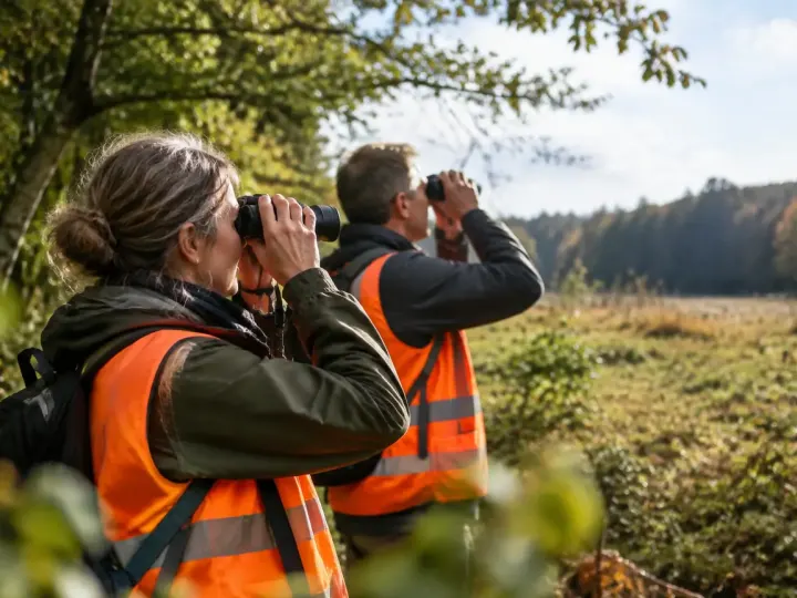 Benevoles en gilets orange jumelles levees lisiere de foret
