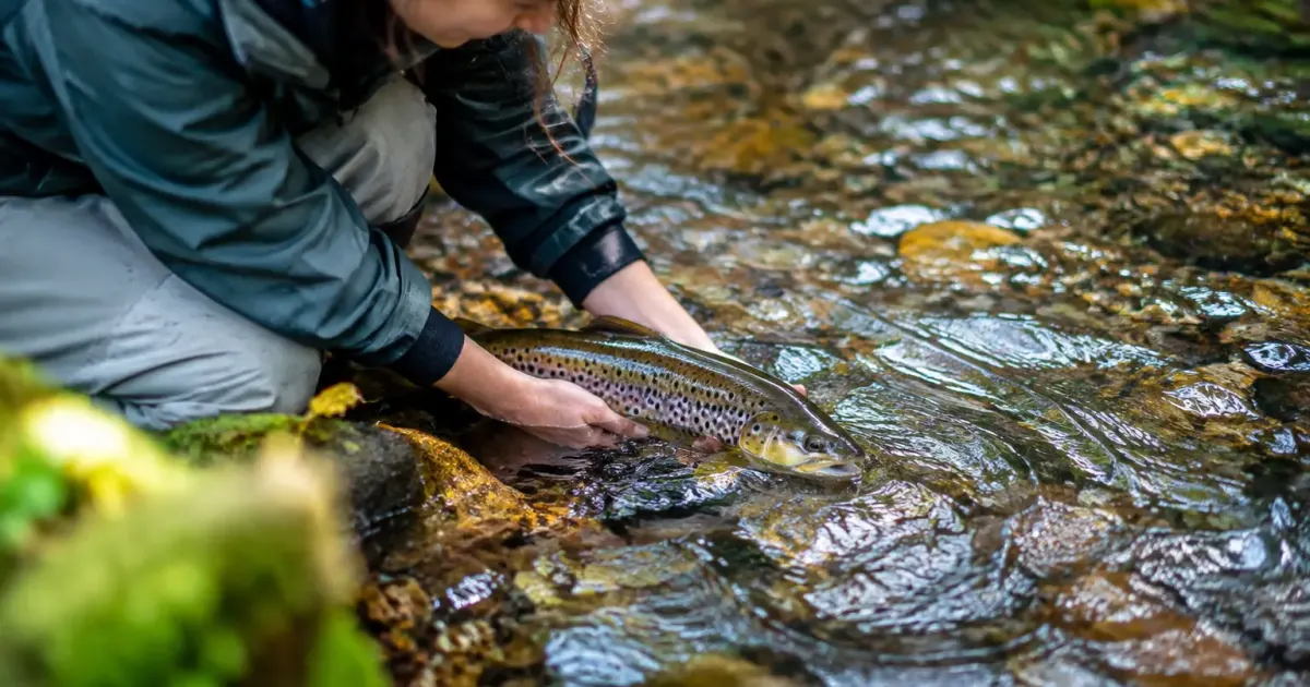 Biologistes agenouilles relachant une truite dans un ruisseau