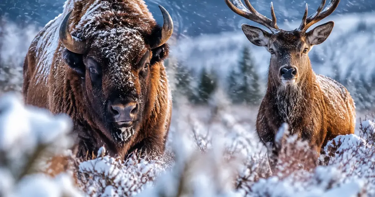 Bison et cerf face au vent dans la neige