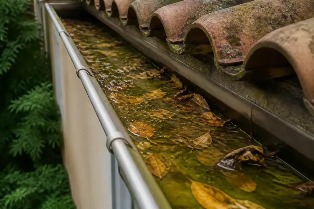 Canal de toit plein de feuilles et eau verdatre