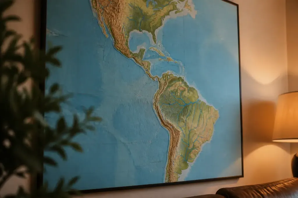 Carte murale du continent americain avec fleuves en bleu