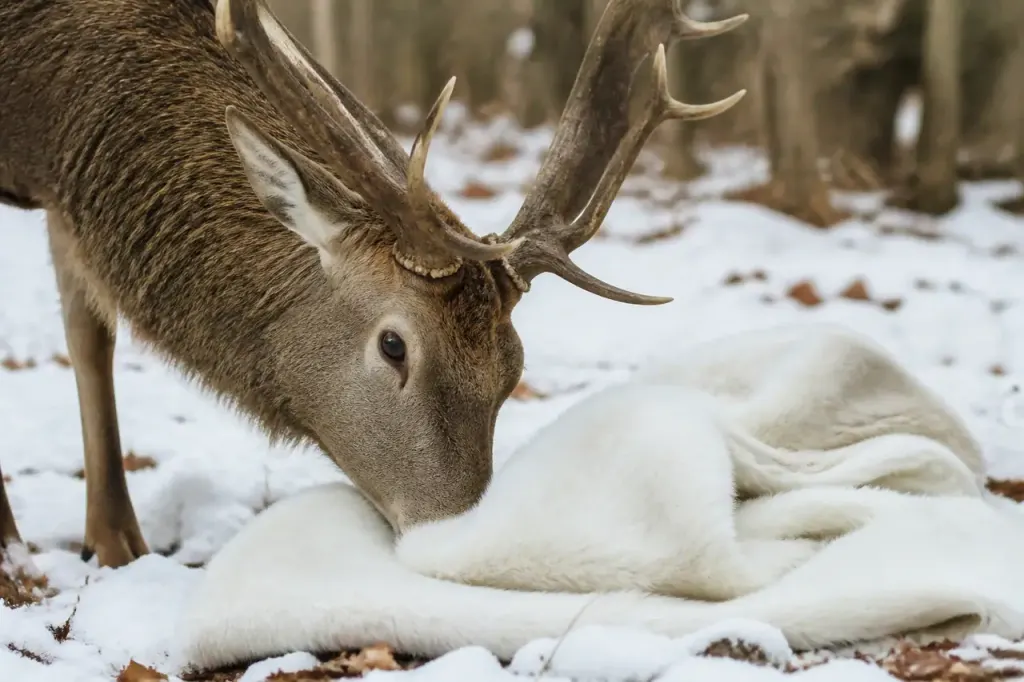 Cerf fouillant du museau un manteau blanc