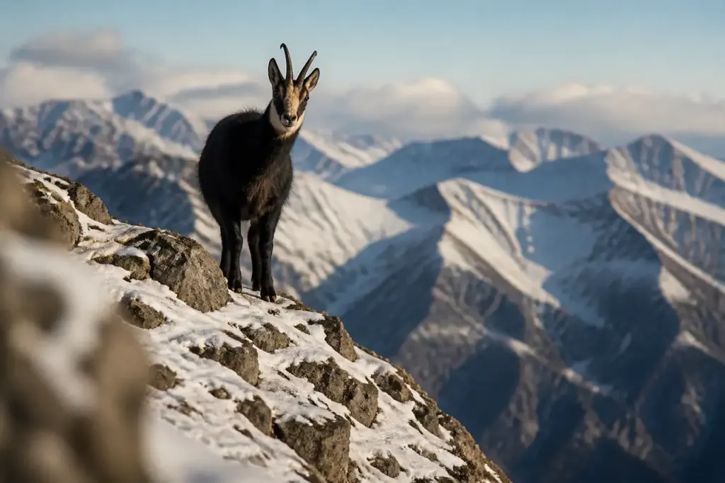 chamois au pelage noir debout sur un rocher enneige