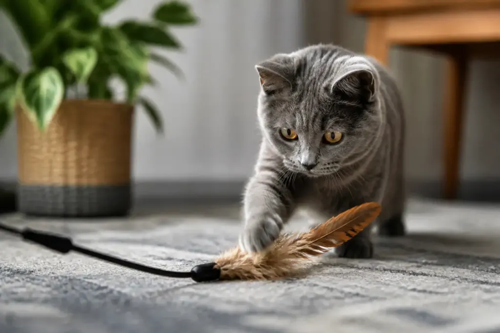 Chat gris jouant avec une canne a plumes