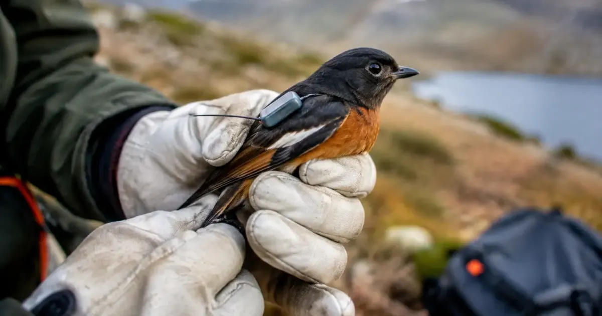 Chercheur en gants tenant un oiseau avec balise