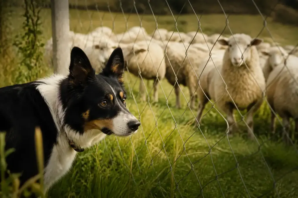 Chien de berger et moutons derriere une cloture grillagee