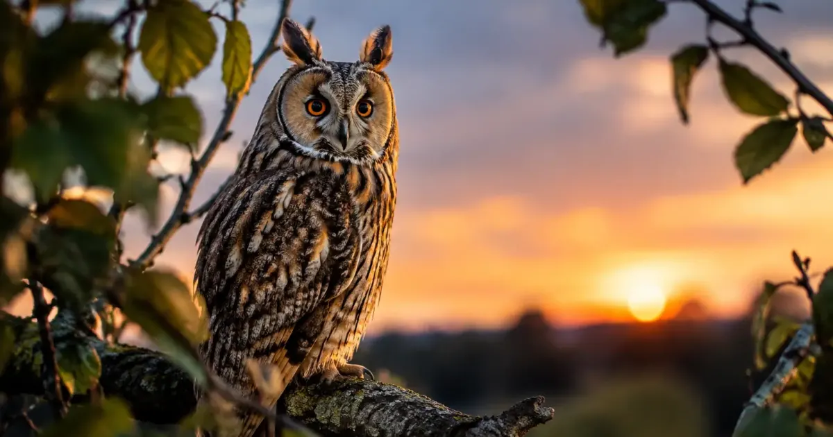 Chouette hulotte perchee sur une branche au crepuscule