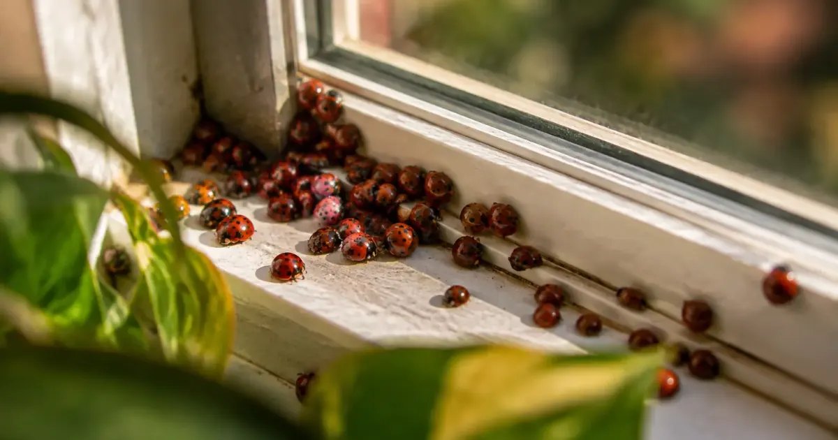 Coccinelles asiatiques agglutinees sur un rebord de fenetre