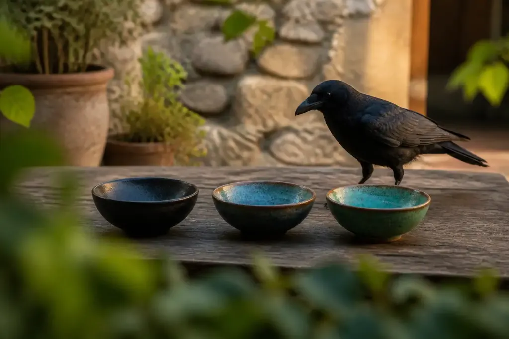 Corneille noire devant trois bols vides sur table