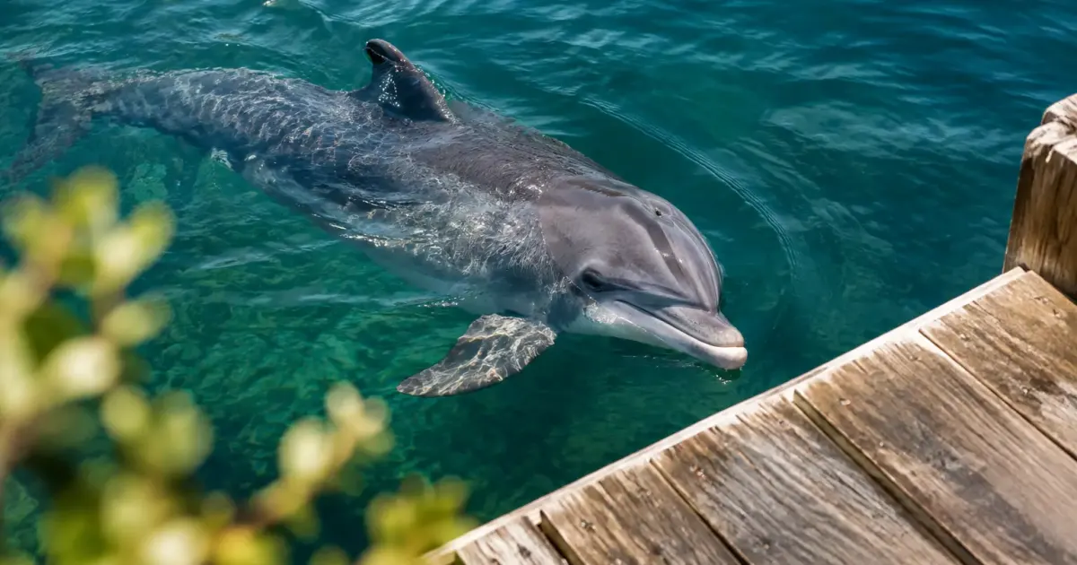 Un dauphin gris nage pres du ponton en bois